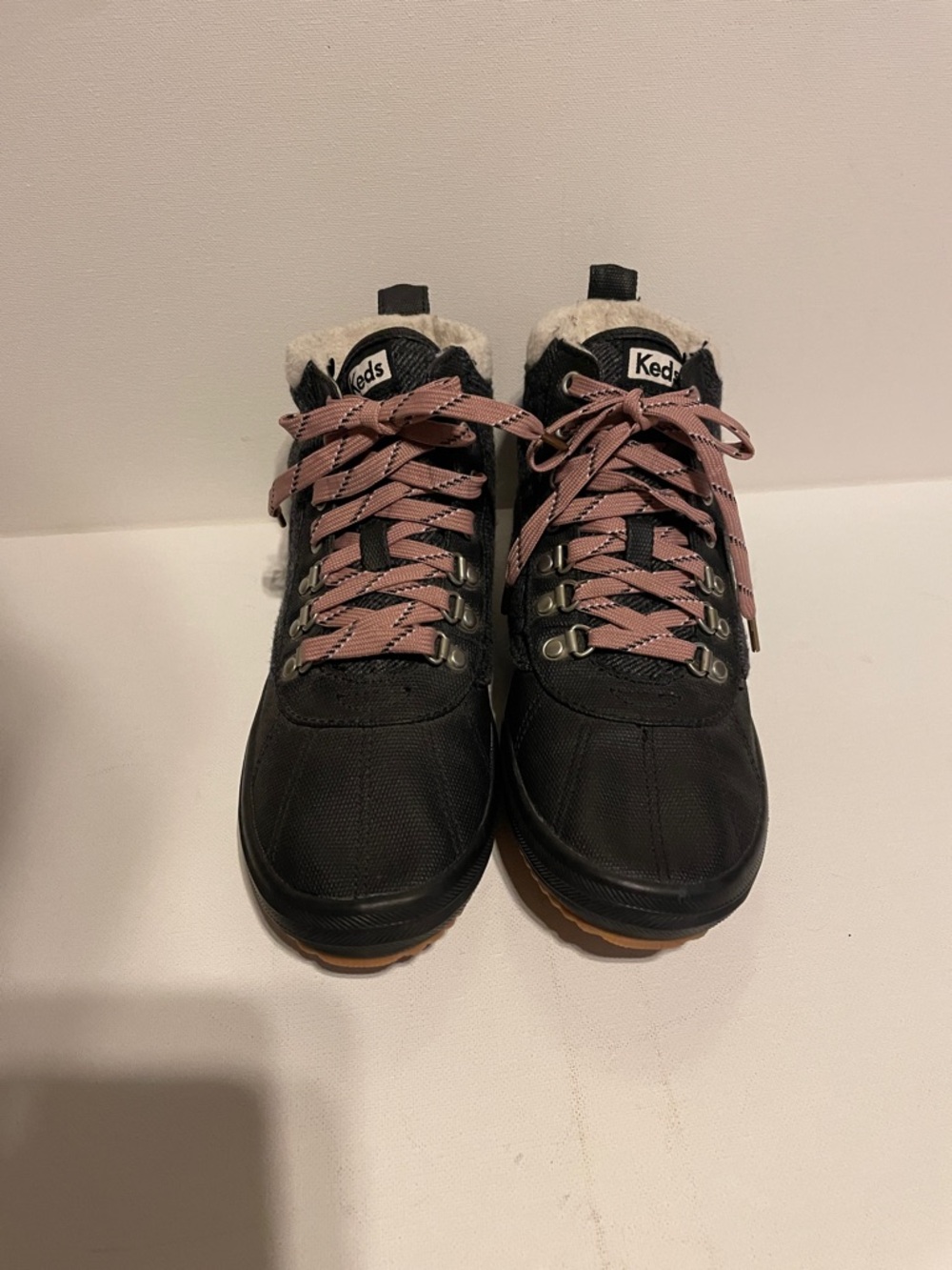 Keds Black Sneakers with Pink Laces and Faux Fur Trim